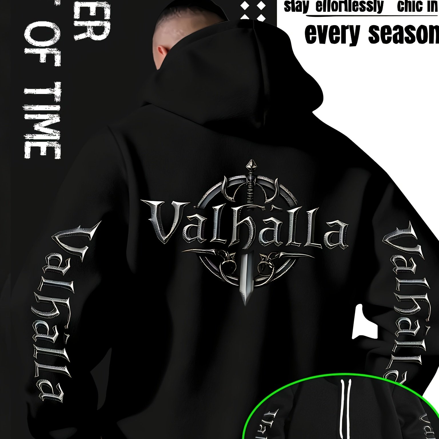 TEMU [print Design - Non-textured] Men's Viking Street Style Hooded Sweatshirt With "spirit Hall/holy Sword Totem" Print, Autumn/winter Casual Viking