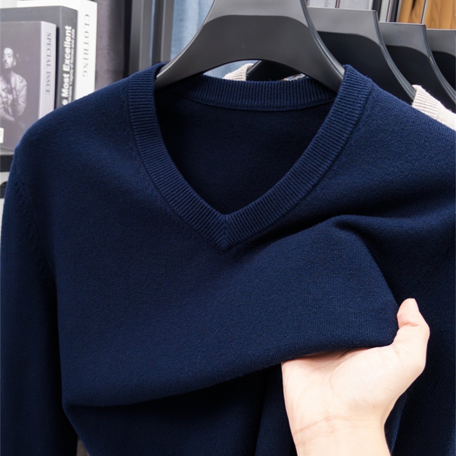 TEMU Autumn Winter Knit 3d Solid Color V-neck Sweater, Basic Sweater For Men, Fashionable Long Sleeve Sweater