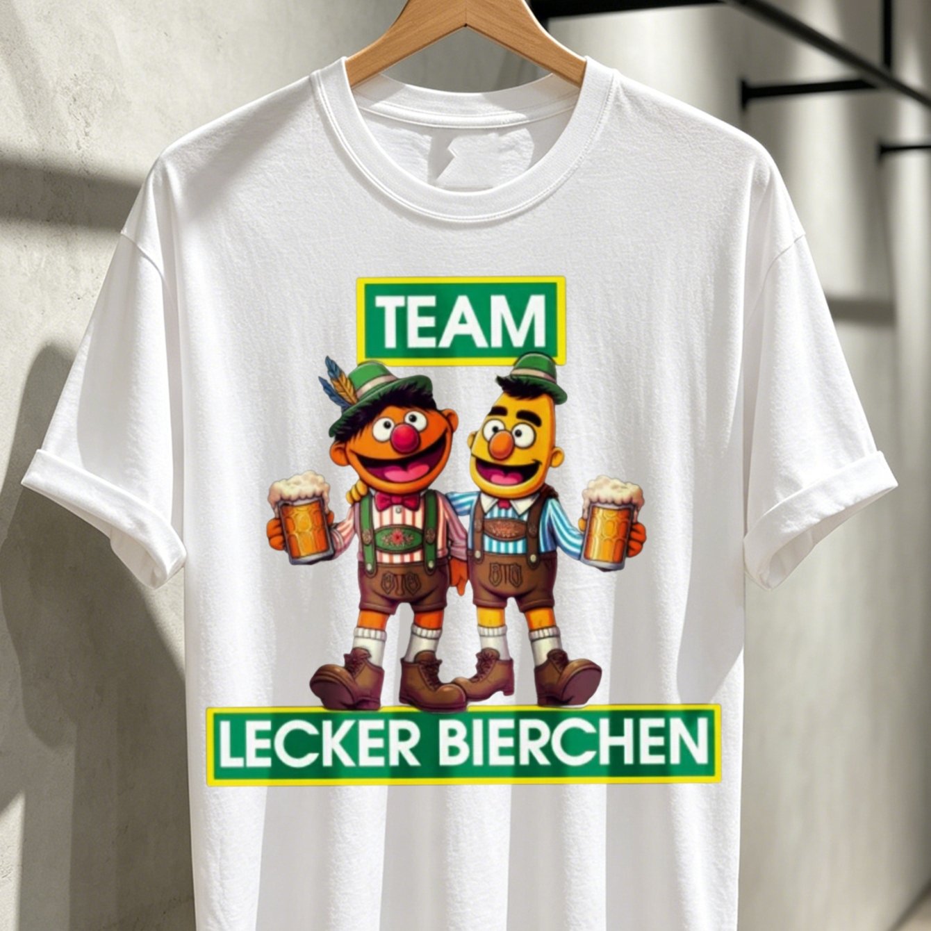 Team Bierchen Puppet Beer Cheers Graphic With Funny German Party Theme T-shirt With Graphic Print On Dark Background Unisex T-shirt