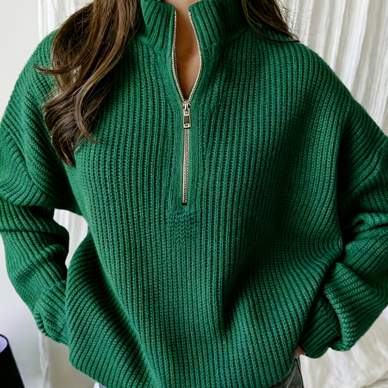 Women's Half-Zip Stand Collar Sweater, Loose Fit
