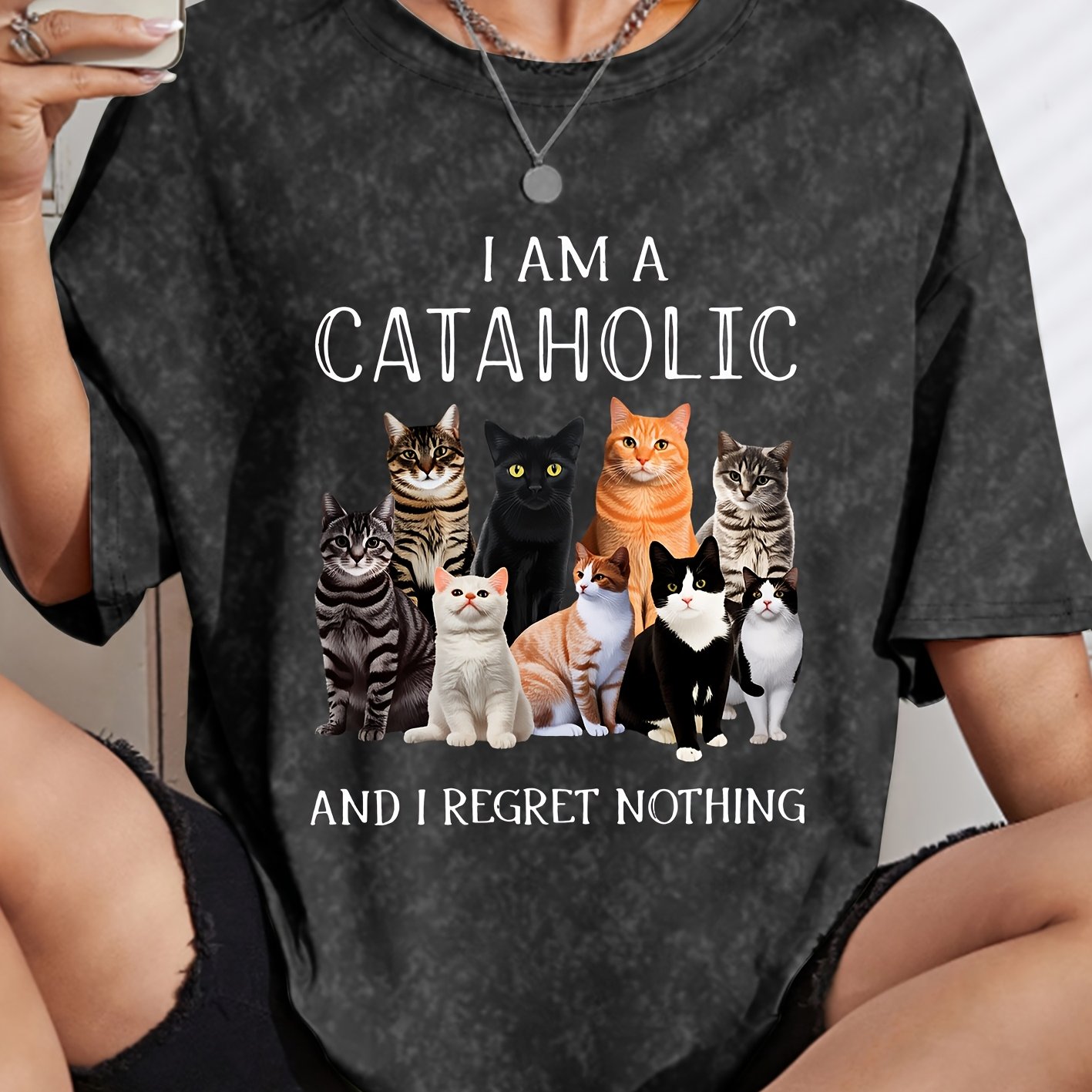 TEMU European And American Fast Fashion T-shirt "i Cataholic" Cat Lover Vintage Distressed Crew Neck Daily Casual Fashion Vintage Style, Women's