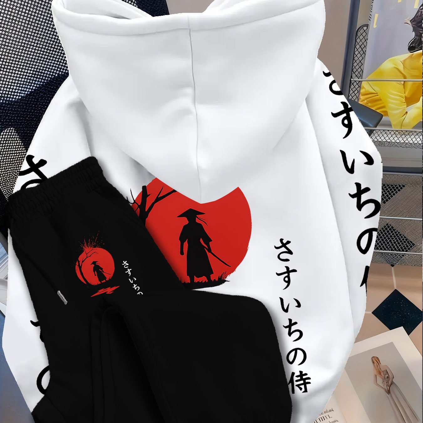 TEMU Ensemble décontracté tendance avec sweat à capuche et pantalon imprimé japonais | Sweat à capuche avec poches, motif géométrique, parfait pour