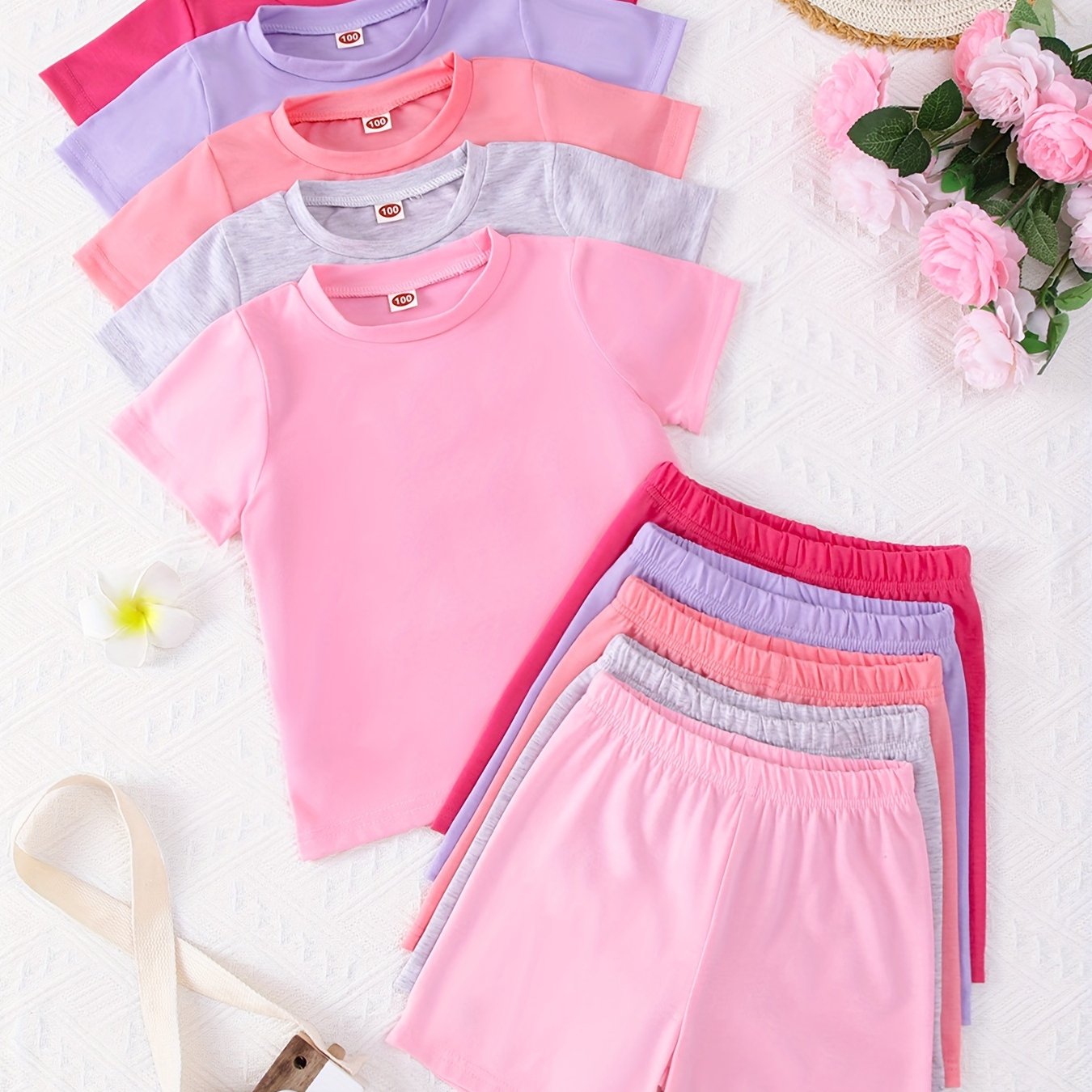 TEMU Summer Outdoor Outfit For Girls Featuring A Set Of Solid Color Short Sleeve T-shirts And Shorts, For Outdoor