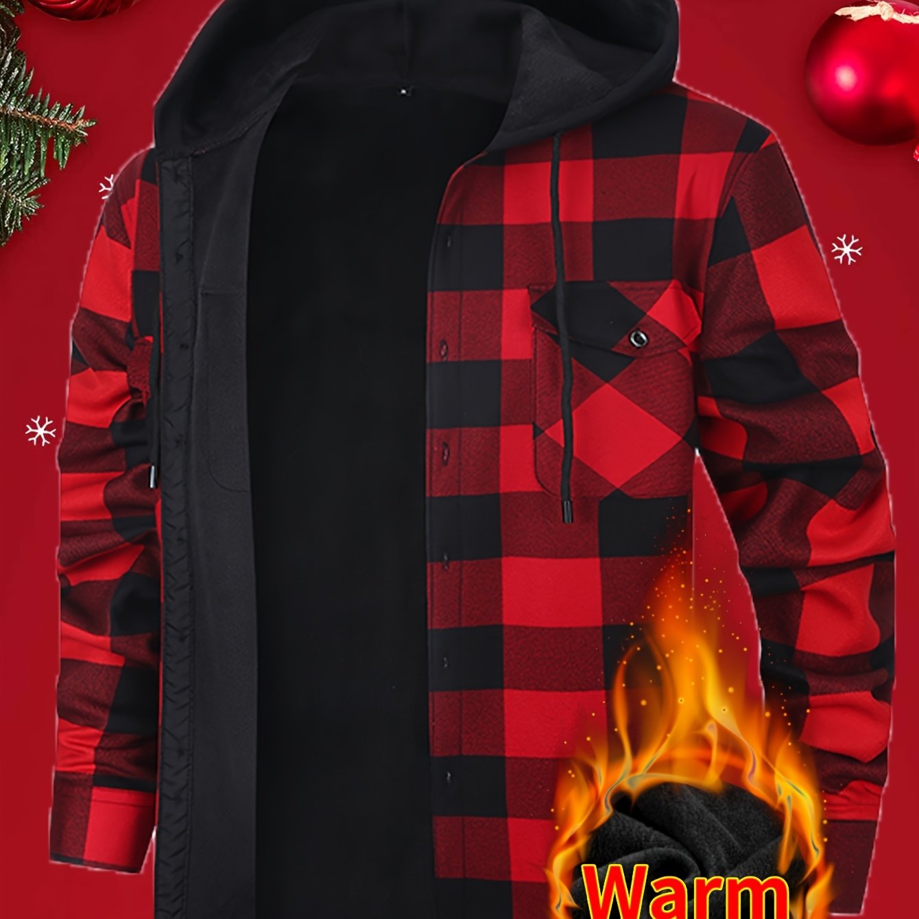 TEMU Men's Brushed Flannel Shirt Jacket Fleece Lined Warm Shacket Fall Winter Long Sleeve Button-up Workwear Casual Coat With Dual Chest Pockets For