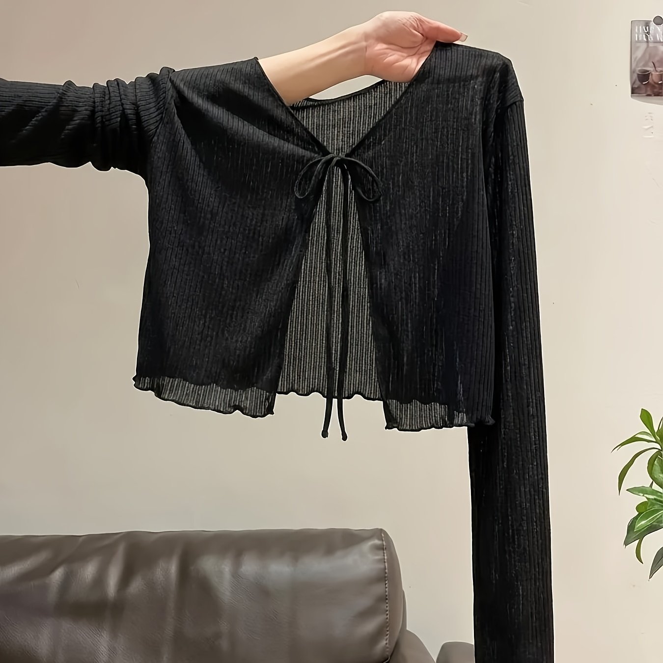 TEMU Cardigan doux à bretelles nouées de style français pour femme, nouveau style court à volants d'été avec surblouse à manches longues
