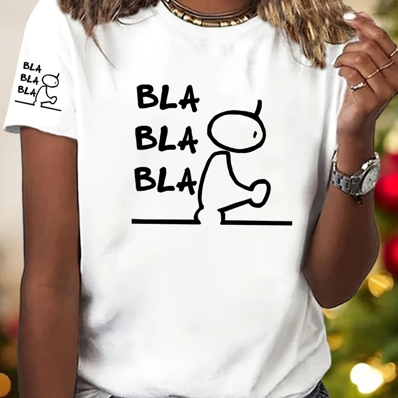 Image of Neck Short Sleeve T-shirt With Fun And " Bla" Text Print Design - Elegant And Fashionable - Y2k - Women's Casual Sporty Fashion Non-v Neck Short Sleeve T-shirt, Sizes S-xxl
