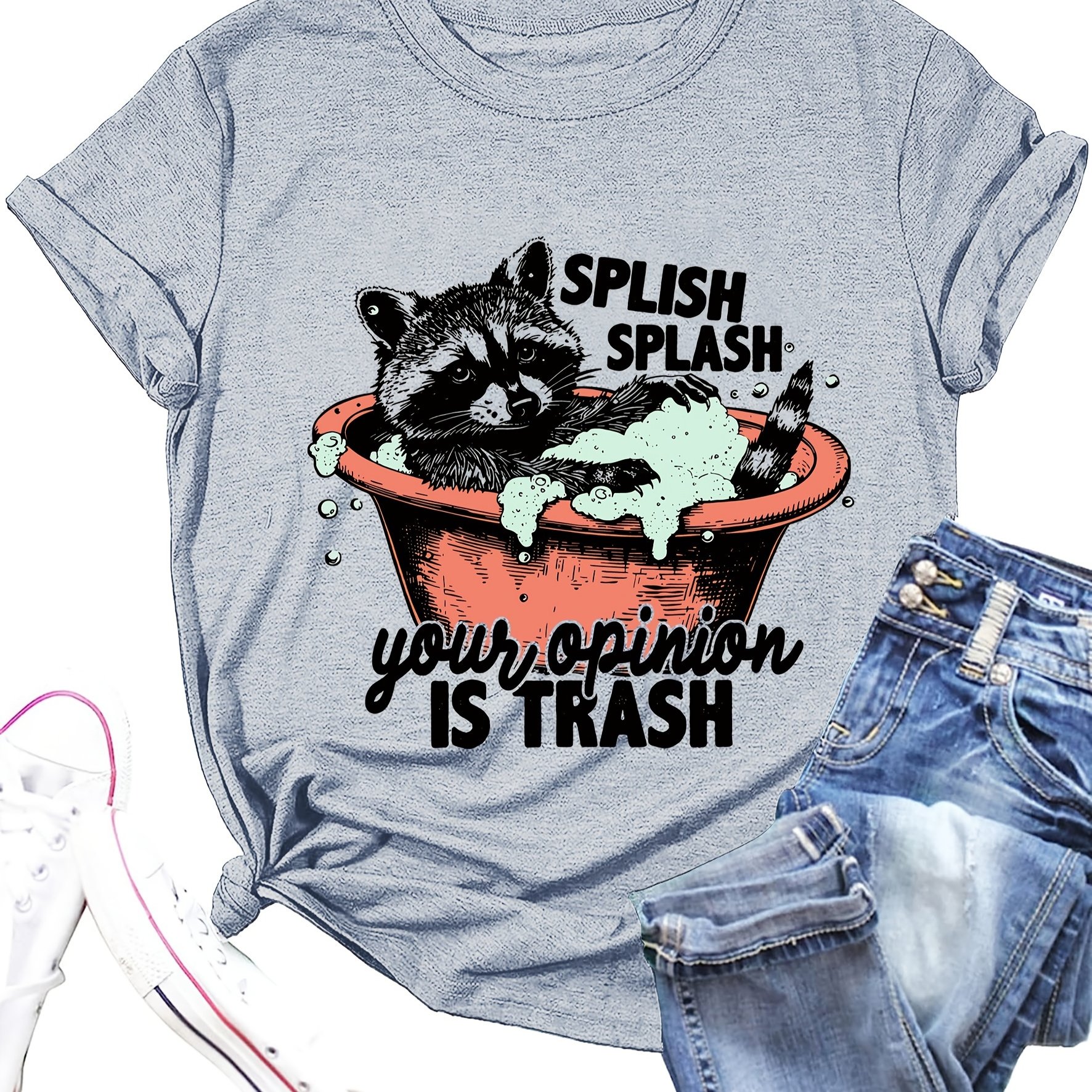 TEMU T-shirt ras du cou à imprimé lettre et bain Little Raccoon, haut décontracté à manches courtes pour et l'été, vêtements pour femmes