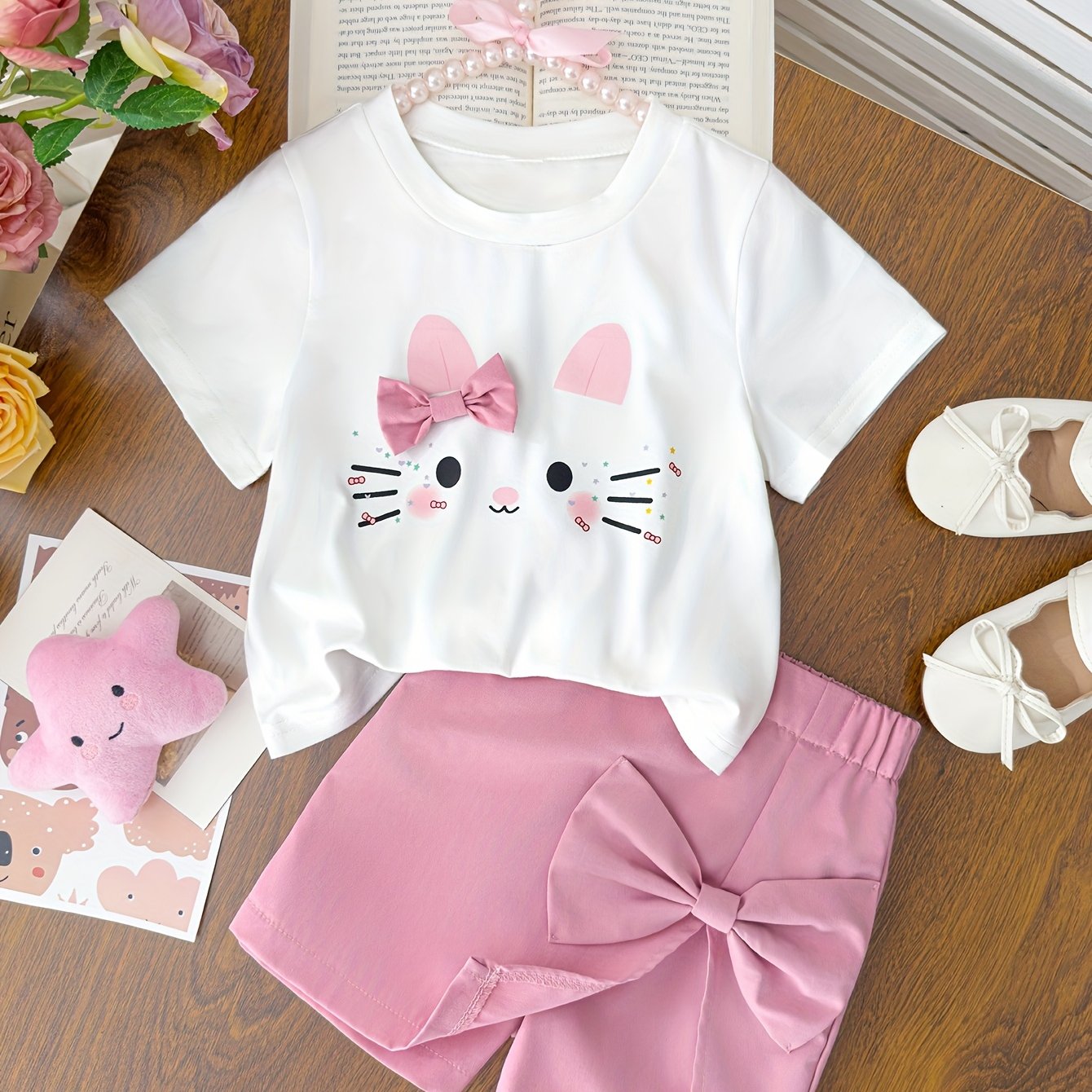 Image of Cartoon T-shirt Bow Skort Set For Girls, New Summer Fashion Round Neck Kitten Print T-shirt With 3d Bow + Bow Skort Shorts 2pcs Set, , Perfect For Outdoor