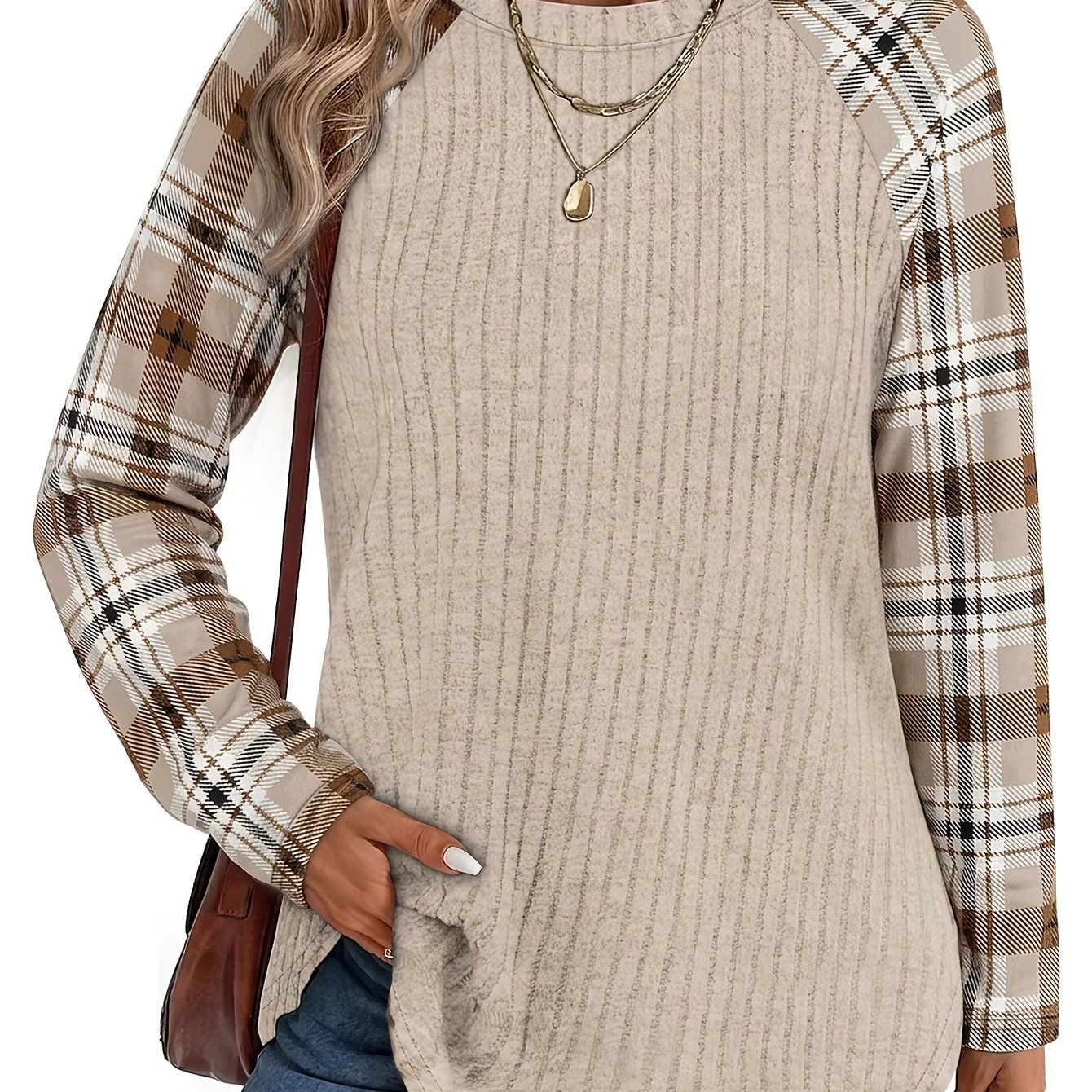 TEMU Haut pour femmes à col rond ample, pull confortable et tendance décontracté à manches longues et blocs de couleurs