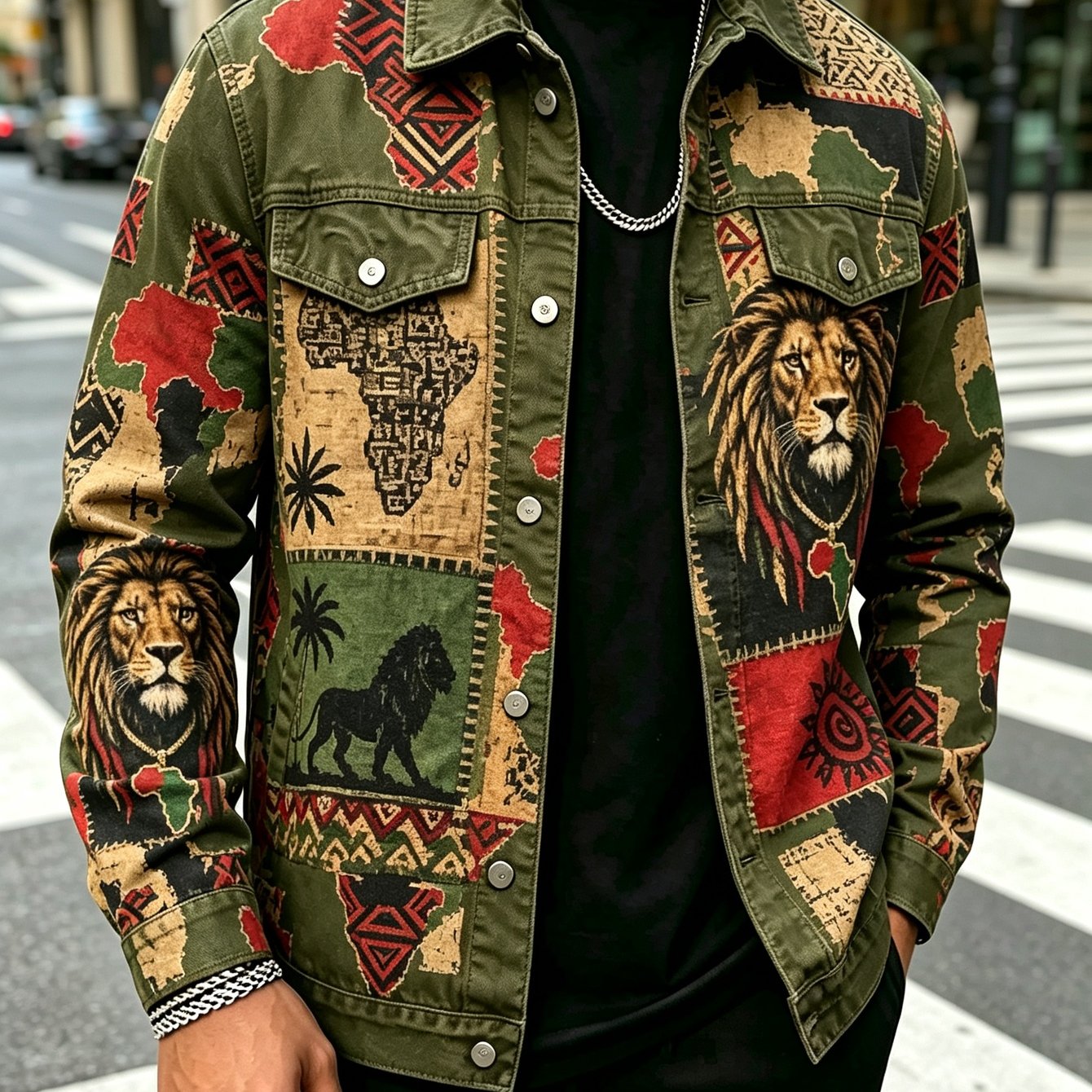 TEMU Men's Vintage Ethnic Lion Digital Printed Jacket, Fall Winter Casual Fishing Outerwear, Turn Collar Long Sleeve