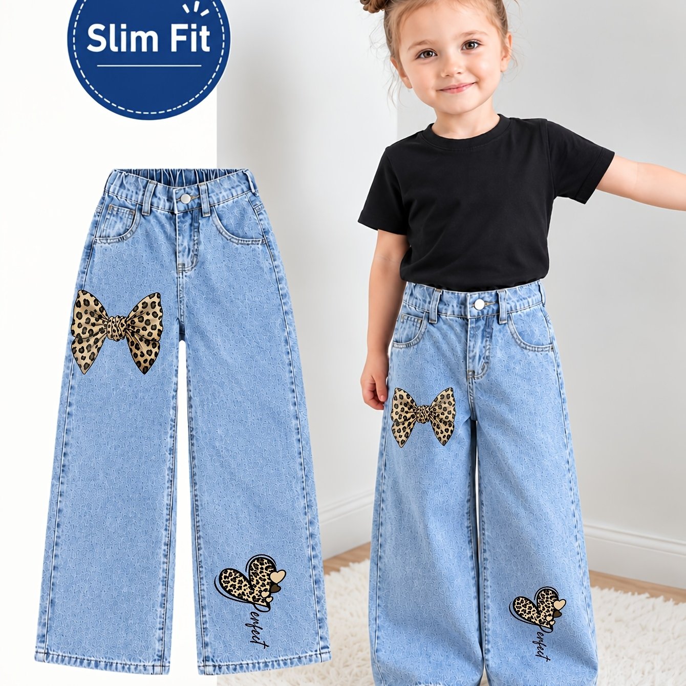 Image of Unisex Youth Multiple Colors High Waist Wide Leg Jeans, Front And Thigh Graphic Print, Back To School Outfit Style, Day Of School Themed, Casual Daily Wear, Campus , Street