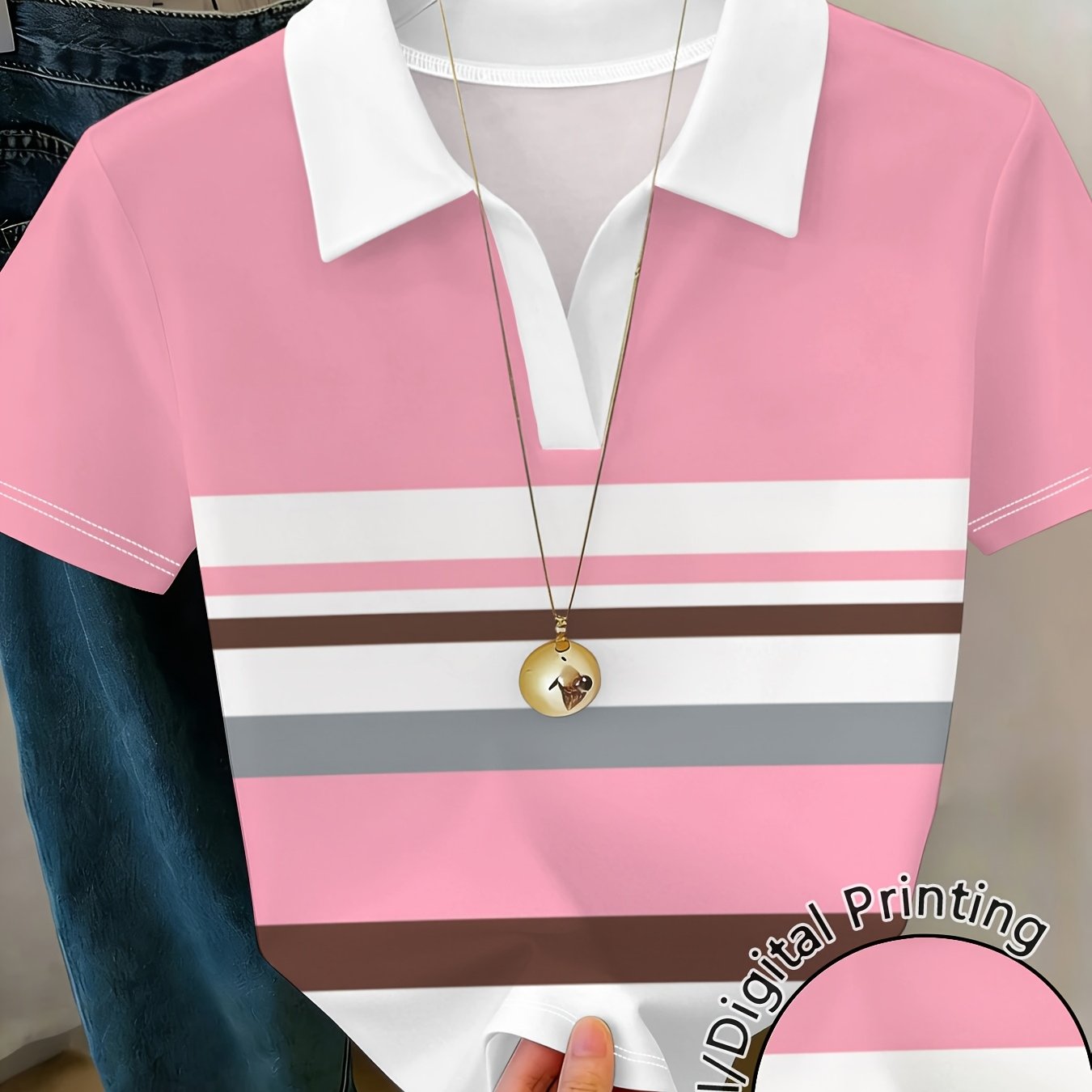 TEMU Pink Striped Women's Shirt, Fashionable Casual All-matching Tops, Summer New Arrival, Breathable And Comfortable, Design, Essential Trendy Piece