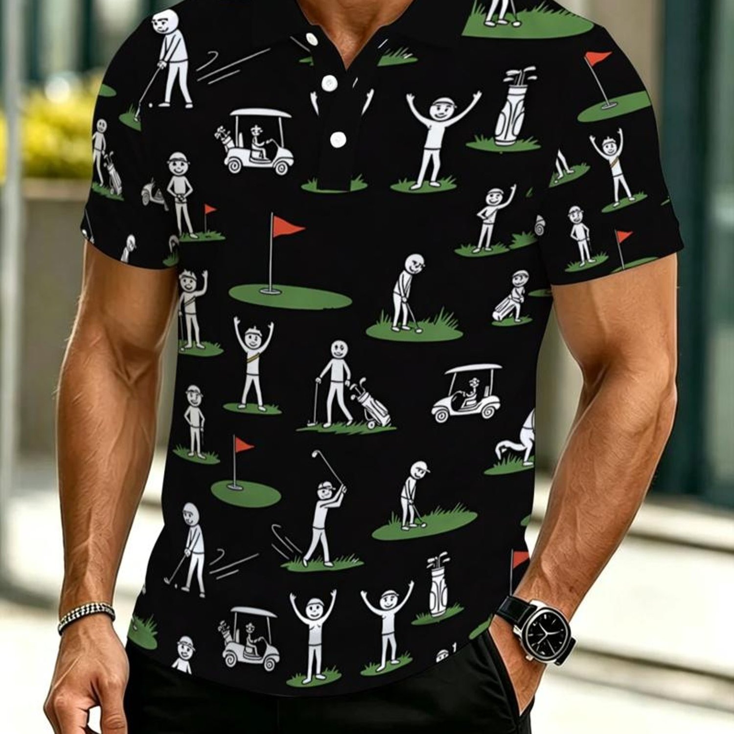 TEMU Men's Novelty Shirt, Golf Cartoon Pattern In Black And White, Sporty And , Ideal For Golf Enthusiasts And Casual Wear