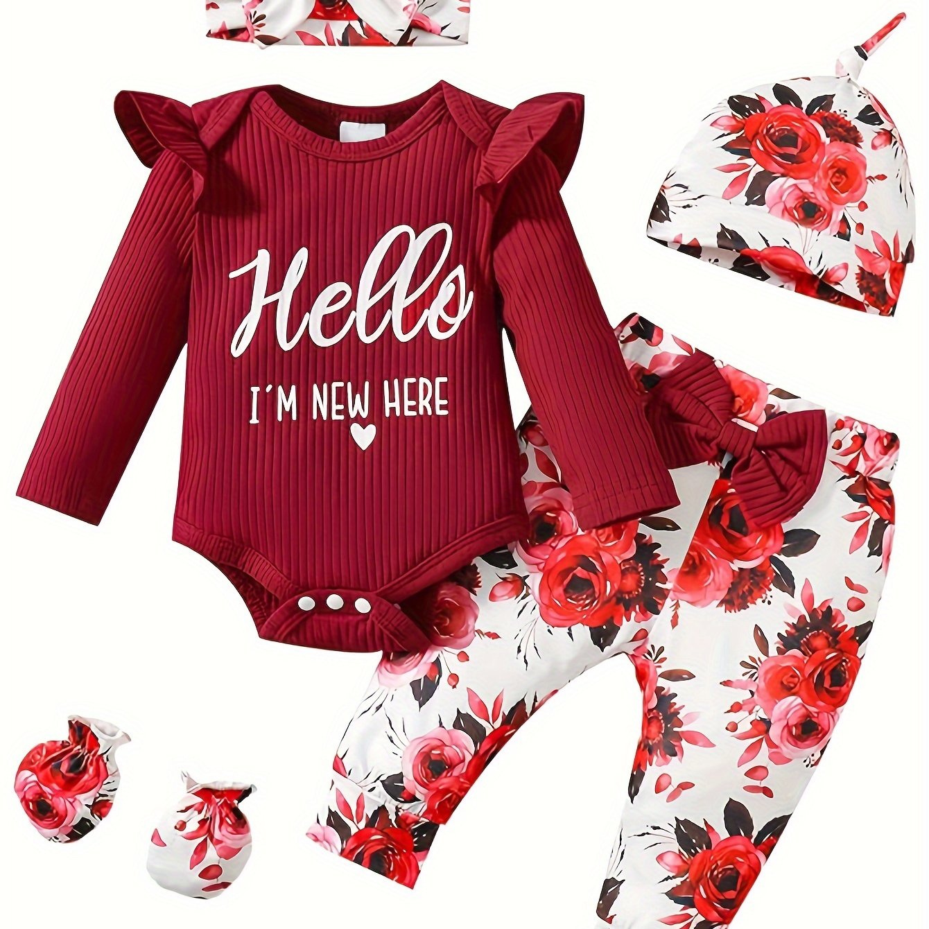 TEMU Newborn Baby Girl Clothes Hello I' Here Letter Romper+floral Pants+hat+headband+gloves Outfits, For Outdoor