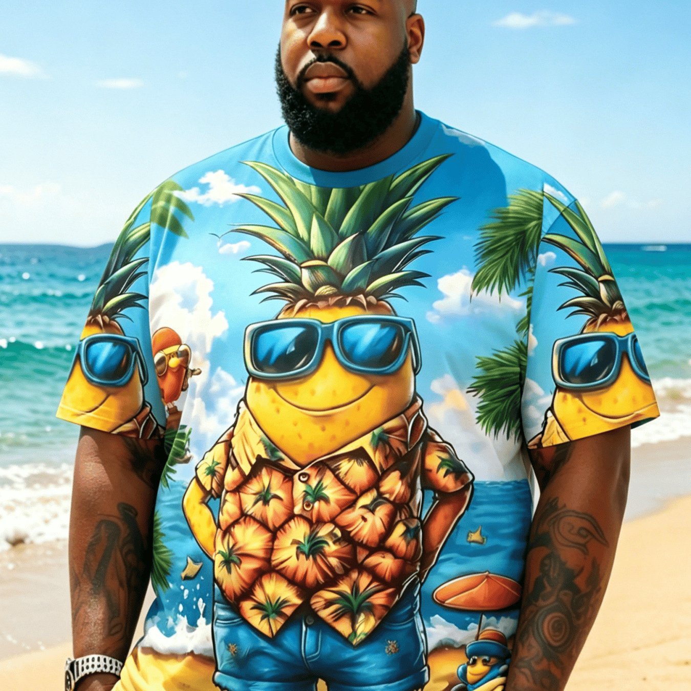 TEMU T-shirt Plus Size Heren Cartoon Ananas Strand Landschap Print T-shirt, Vakantie Stijl Strand Casual Korte Mouw, Zomer Los All-Match Dagelijkse