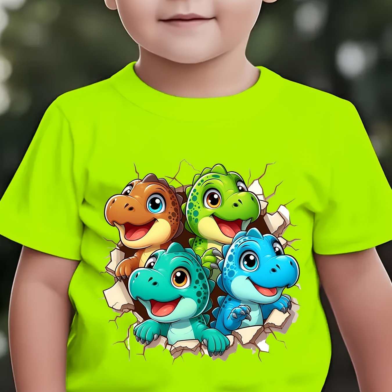 Image of Summer Boys' Fashion Short-sleeve T-shirt "four Little Dinosaurs Breaking The Wall!!" Printed Dinosaur Element Outdoor Casual Top Ny-dx9140
