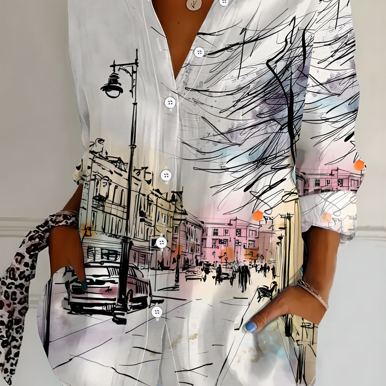 TEMU Women's Long Sleeve Shirt, Street , Printed Blouse, Minimalist Style, Floral Shirt For Women, Soft Pastel Color Palette, Casual Women's Shirt,