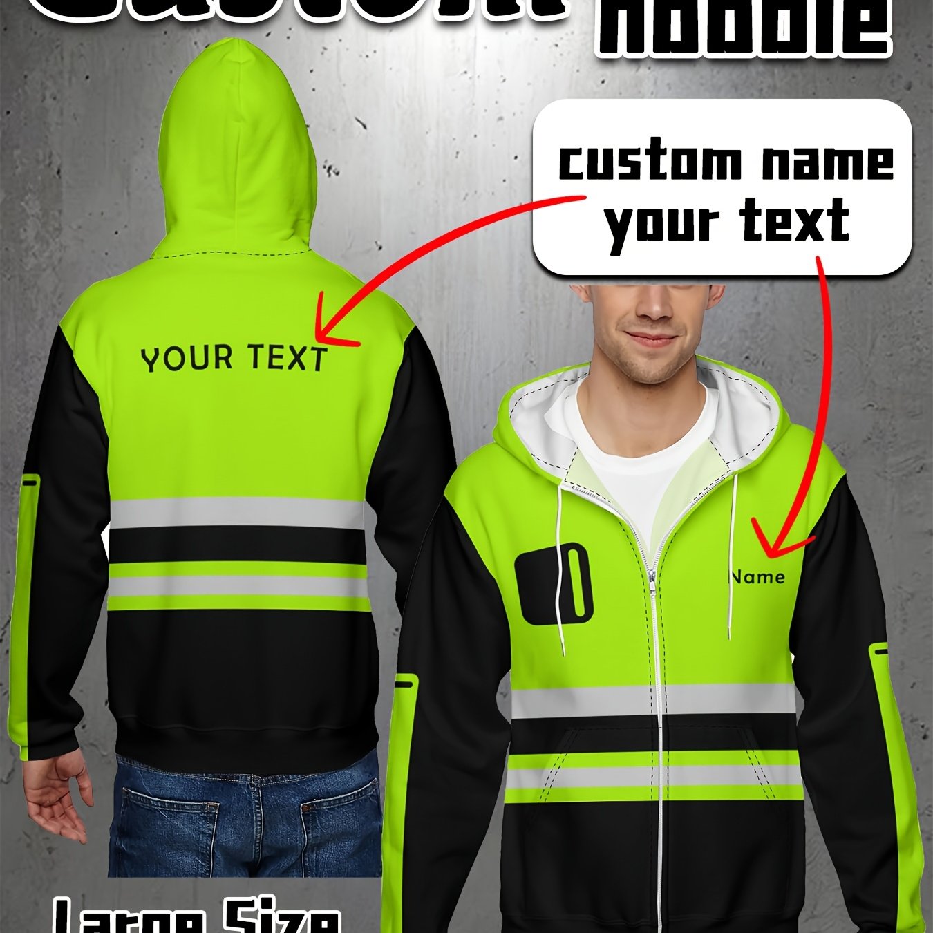 TEMU Custom Men's Plus-size Zip-up Hoodie With Name And Text Customization, Contrasting Stitching, Full Zip Closure, Machine Washable, And