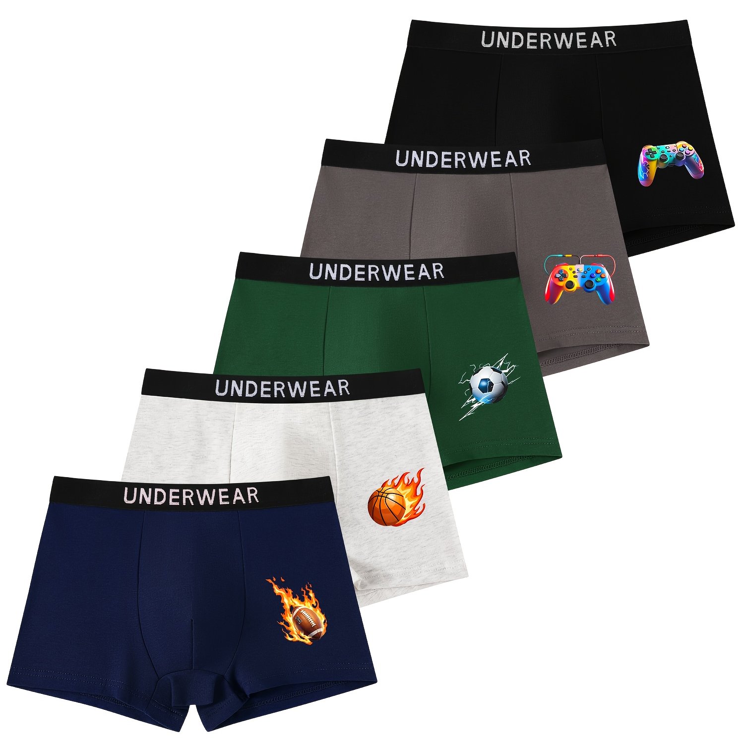 5-pack Boys' Boxer Briefs With Sports Prints | Soft And Comfortable, 95%, Regular Fit