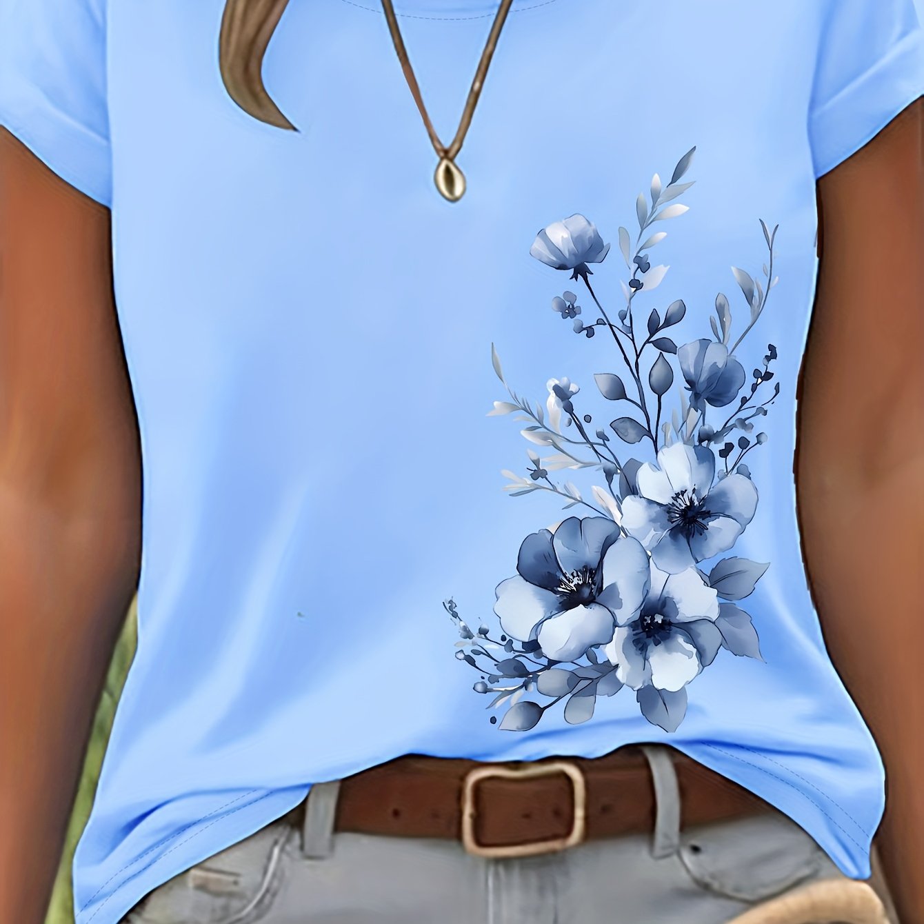 Image of Floral Watercolor Printed Short Sleeve T-shirt | Casual Crew Neck, Lightweight Breathable Fabric, Ideal For Spring/summer, Perfect Gift For Daughter, Sister, Birthday, Best Friend, Mom, Family