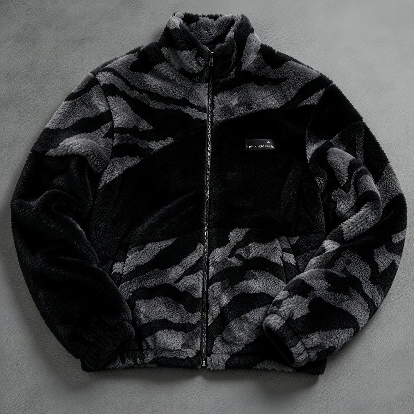 TEMU Men's Trendy Zipper Stand Collar Double Pocket Black Contrast Zebra Print Plush Jacket, Thick, Warm, Soft, And Comfortable Fabric For Daily