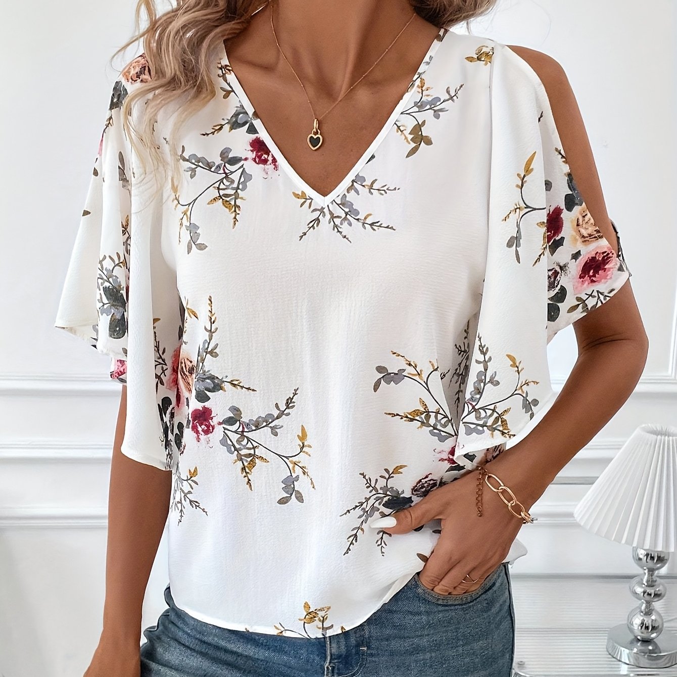 Elegant Women's Floral Print V-neck Blouse - Lightweight Summer Shirt With 3/4 Sleeves, Machine Washable, White Pink Brown Golden For Casual & Formal Wear, Ladies Blouses