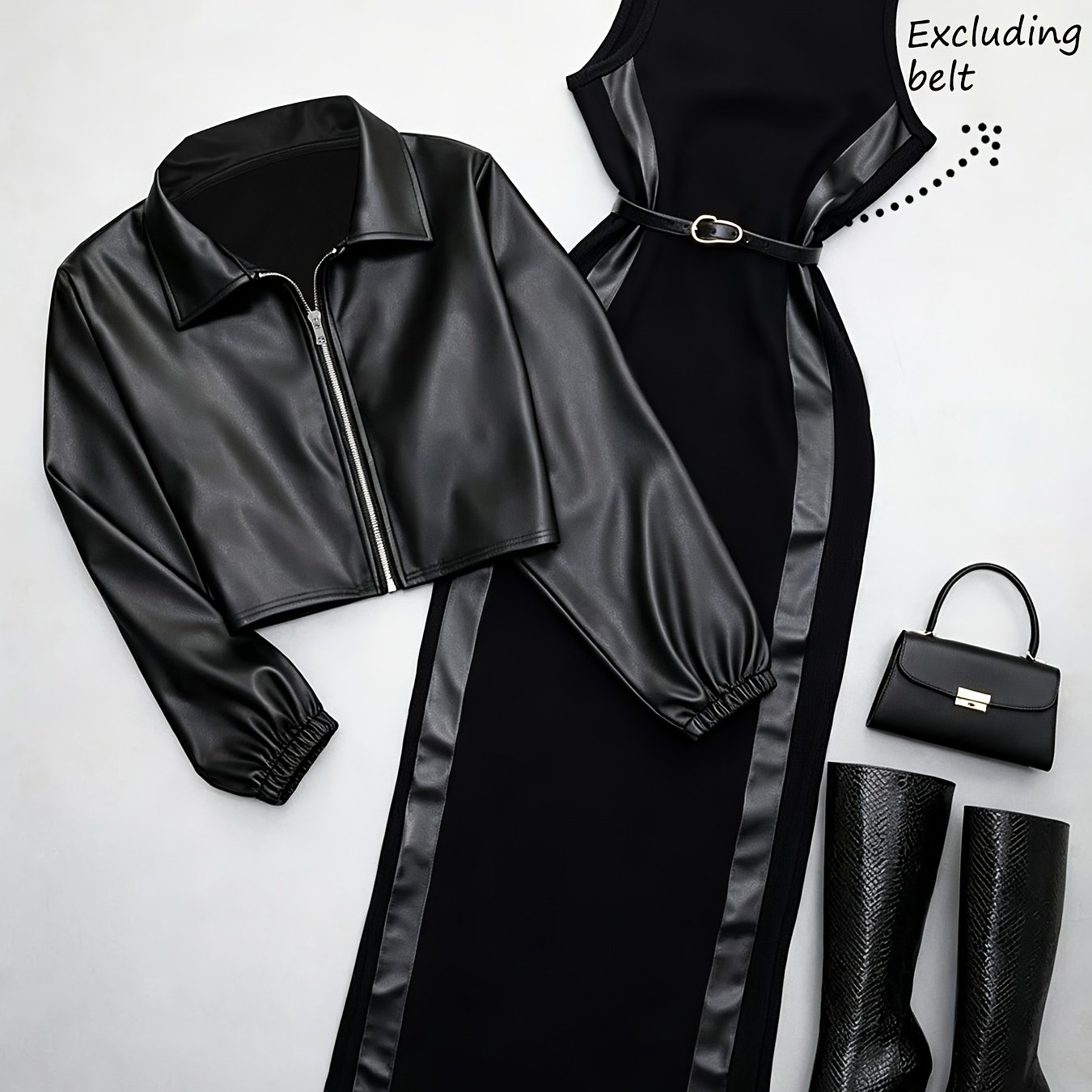 TEMU Casual And Elegant Women's Clothing, New Autumn/winter Collection, Solid Color Lapel Zip-up Jacket & Crew Neck Sleeveless Slit Hem Bodycon Long