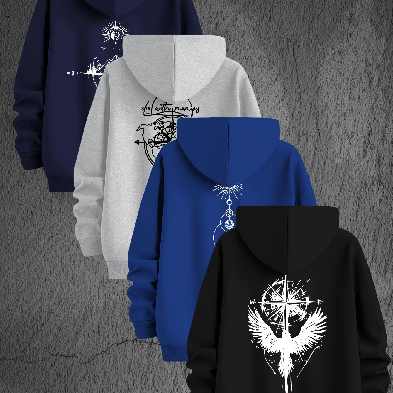 TEMU Men's Hoodie Four-piece Set, Polyester Knit Fabric Fitted Sweatshirts