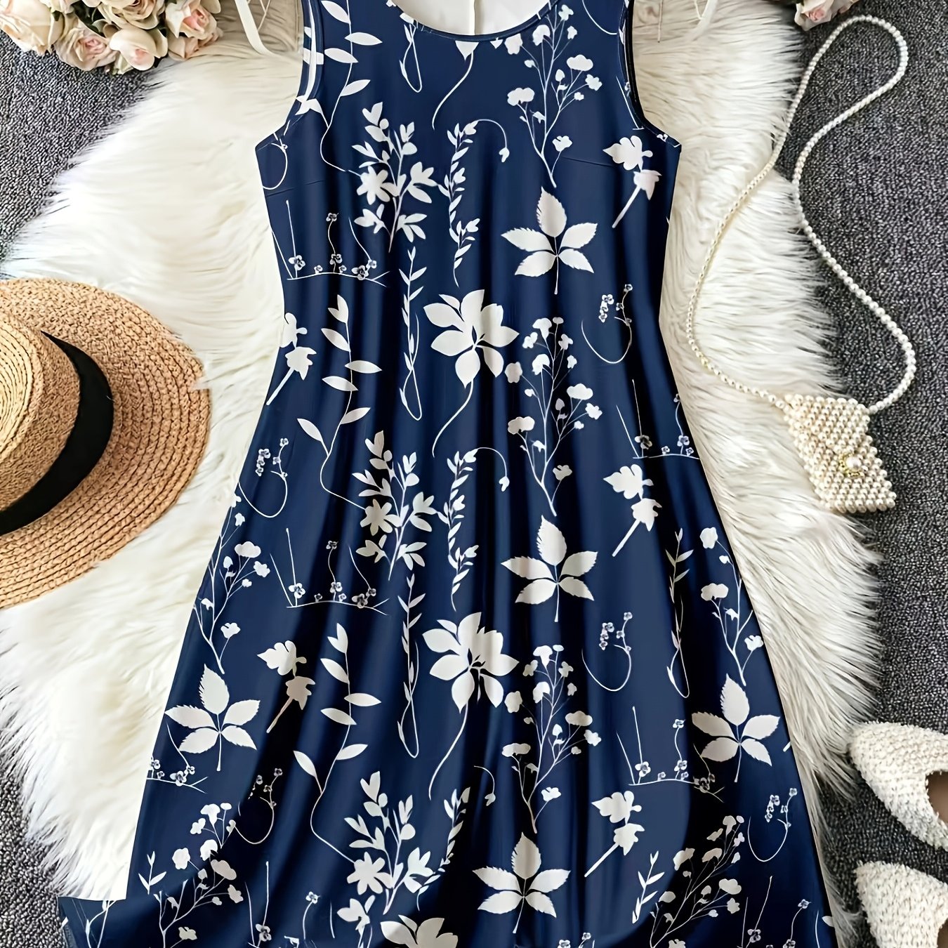 TEMU Plus Size Women's Casual Loose Plant Print Round Neck Sleeveless Dress, Women's Summer Casual Dress, Sleeveless Summer Dress, Summer Cami Dress,