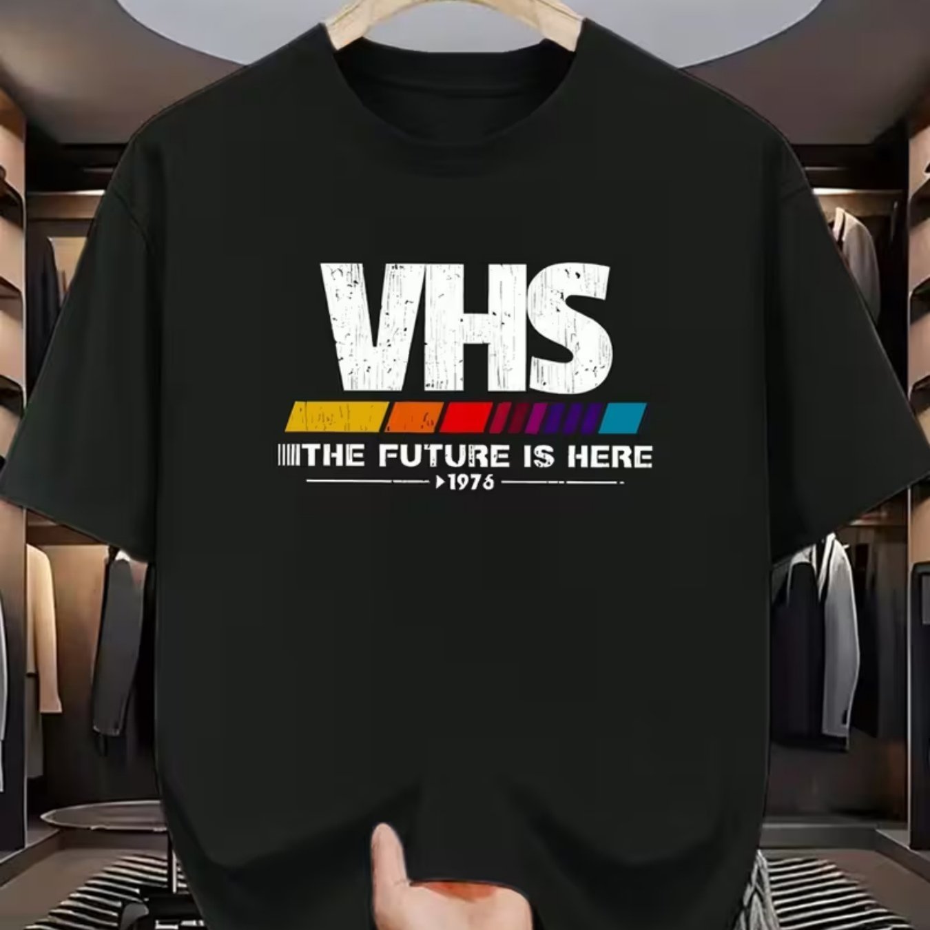 TEMU Men's Retro Vhs Pattern Printed Short Sleeve T-shirt - Retro "future" 1978 Design, Soft And Breathable Fabric, Suitable For Summer Leisure For
