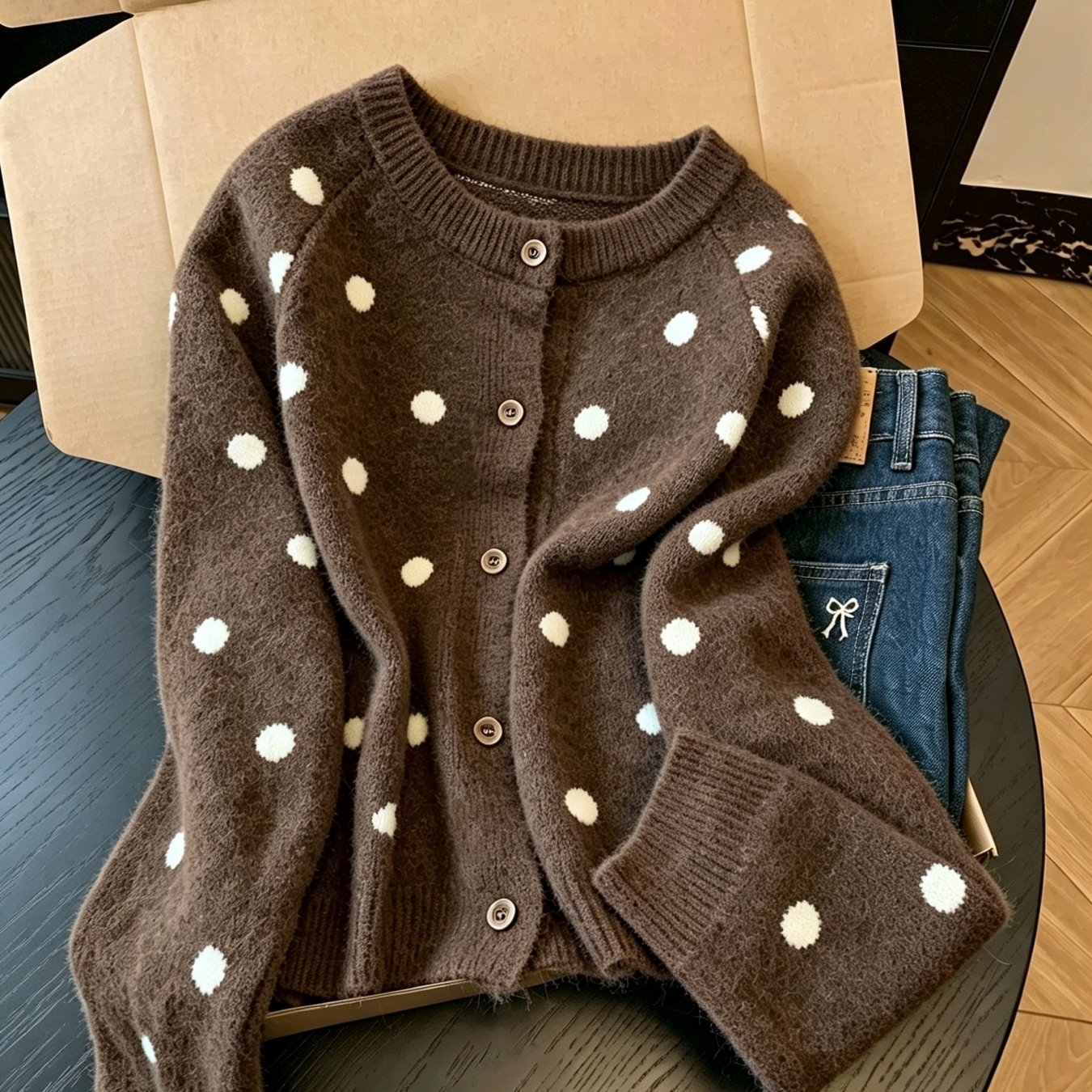 TEMU Women's Korean Style Polka Dot Crew Neck Cardigan Fall Winter New Arrival Loose Fit Soft Slouchy Versatile Sweater Outerwear