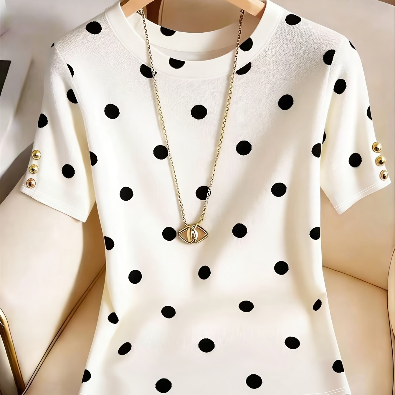 TEMU Polka Dot Sweater Women's New Short Sleeve T-shirt Design Sense Niche Cuff Button-up Top