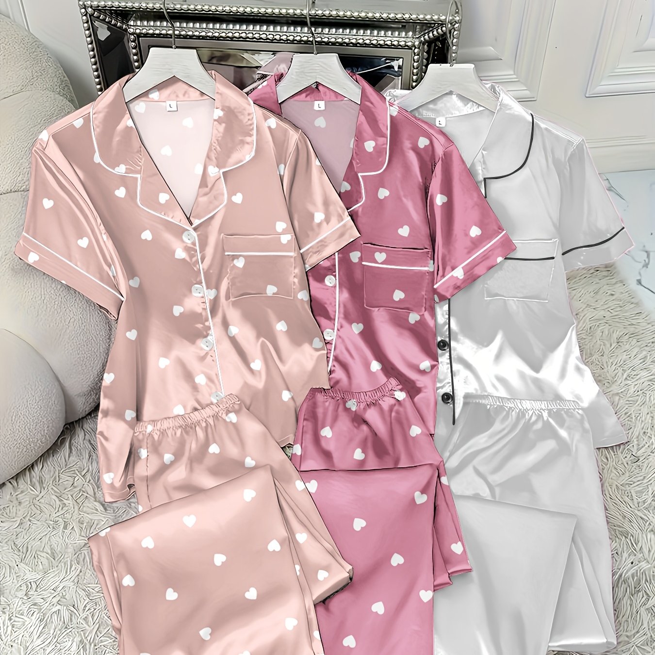 TEMU 3-pack 6-item Satin Pajama Set With Heart Print And Solid Colors In 3 Color Combinations, Lapel Short-sleeve Top & Elastic Waist Long Pants,