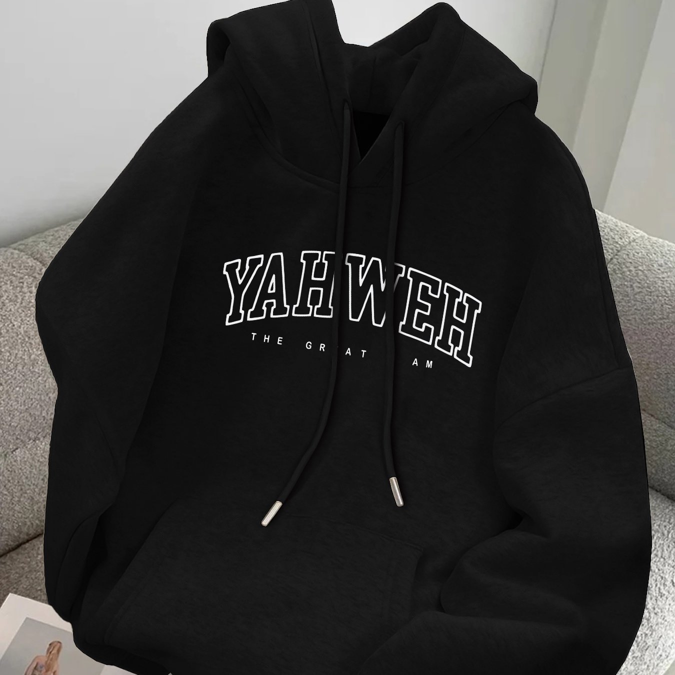 TEMU Yahweh Casual Hooded Sweatshirt, Polyester 100% Knit Fabric, Slight Stretch, Loose Fit, Pockets, Alphabet Pattern, Multiple Sizes Xs-xxl,