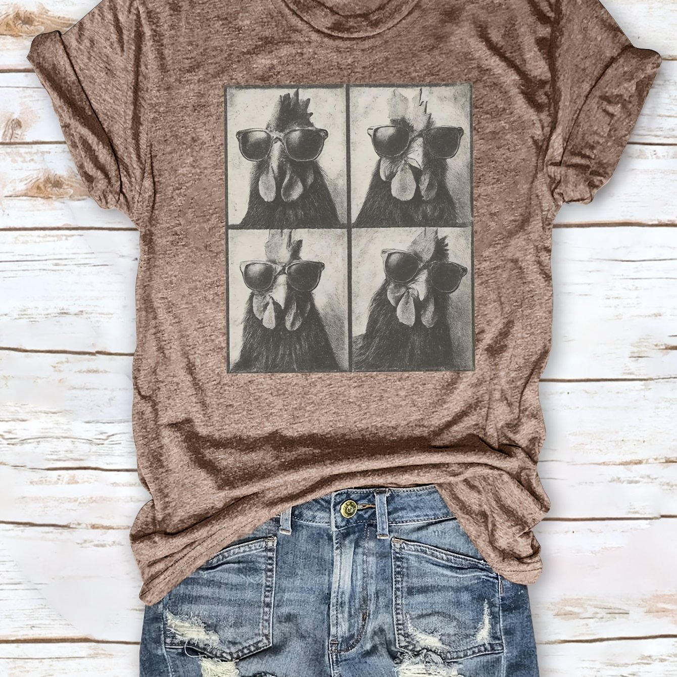 TEMU 4 Chickens Photo Booth T-shirt, Funny Rooster T-shirt, Funny T-shirt, T-shirt Wearing Sunglasses