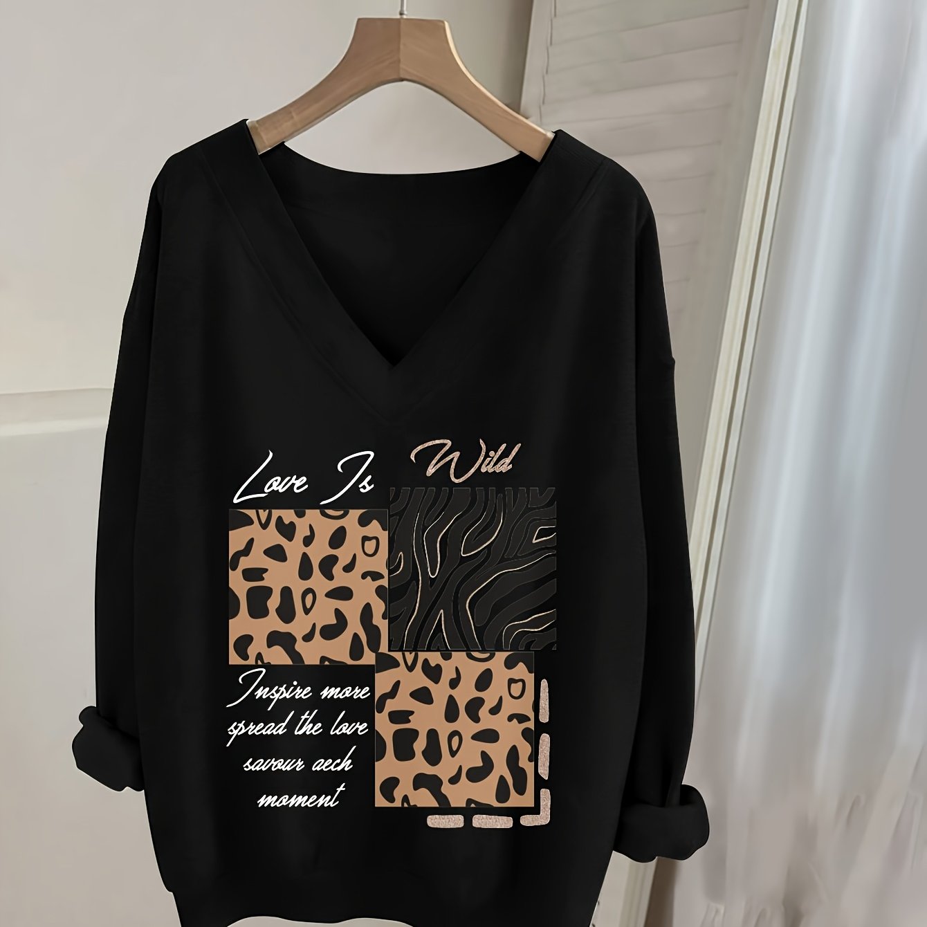 TEMU 0829, Casual V-neck Long Sleeve Sweatshirt With Letter Print, Women's Long Sleeve T-shirt, Long Sleeve Top, Fashion Top