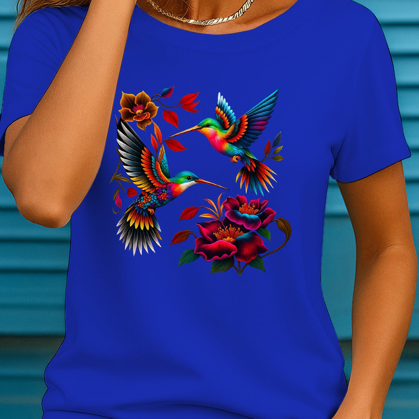 TEMU Soft And Breathable New Colorful Hummingbird Floral Print T-shirt - Women's Summer Casual Round Neck Short Sleeve T-shirt, Ii 286