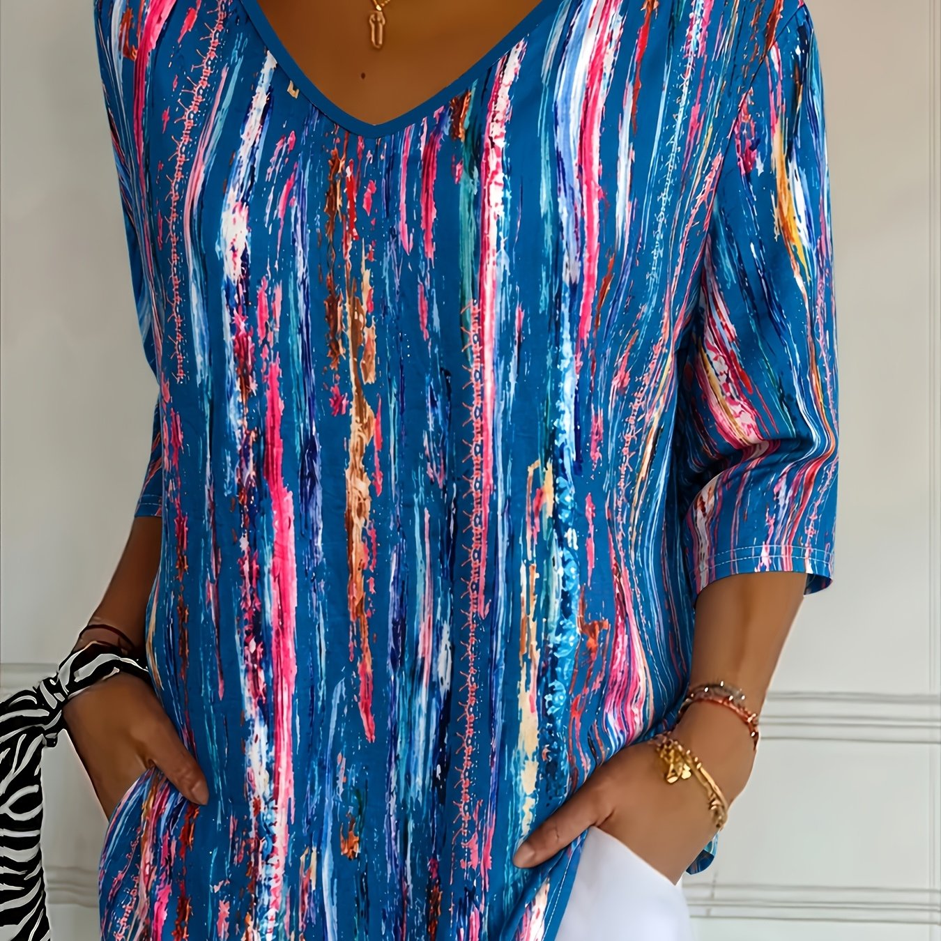 TEMU (printed Design) Casual Fashion Holiday Women's Regular Fit Striped -quarter Sleeve V-neck T-shirt, Top