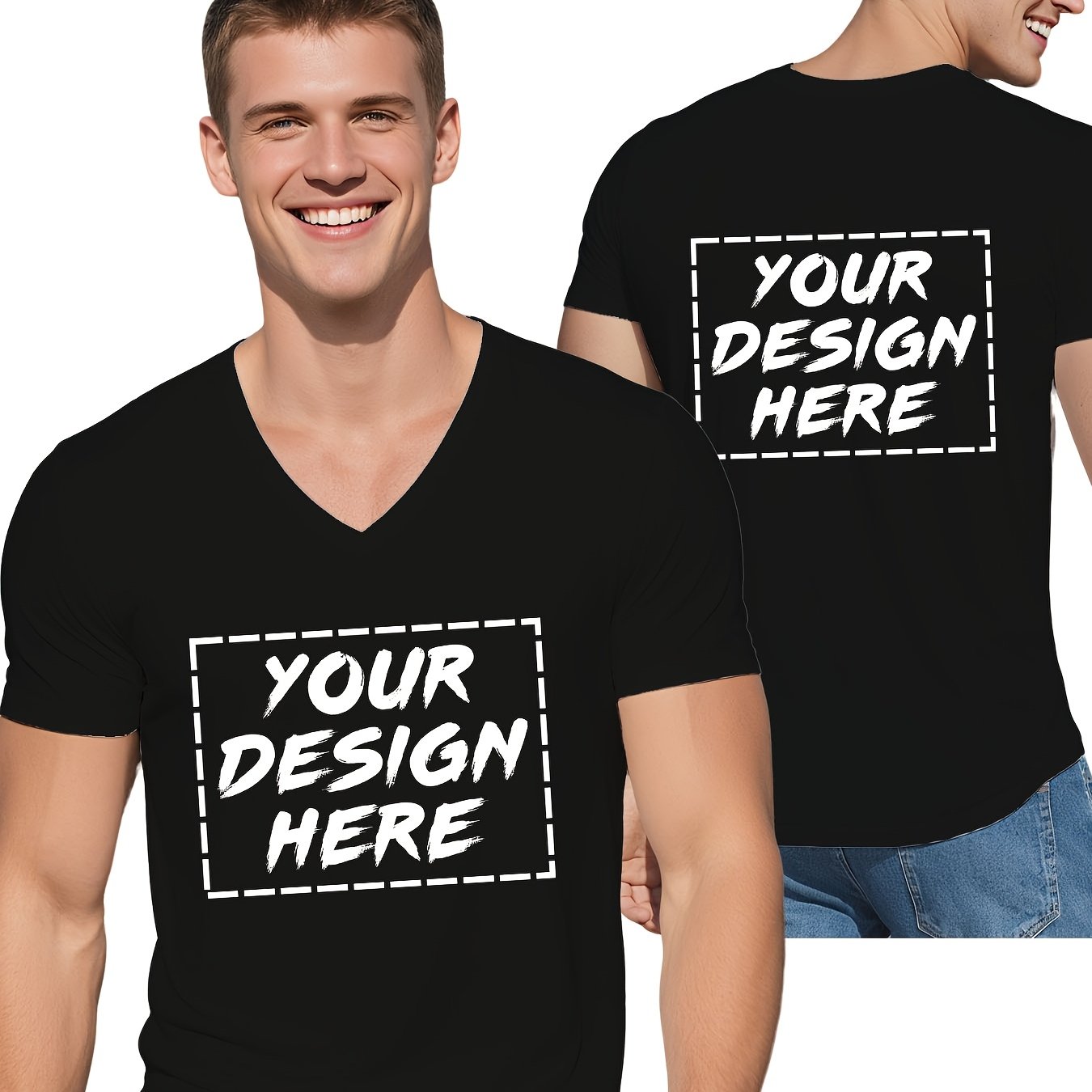TEMU [Article personnalisé] T-shirt homme col en V à séchage rapide, personnalisable devant et avec personnalisé, respirant et confortable, cadeau de