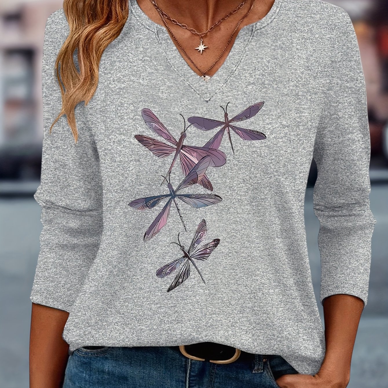 TEMU A Casual And Stylish V-neck T-shirt With A Dragonfly Pattern Print, Everyday Wear And Vacations, Featuring Three-quarter Sleeves