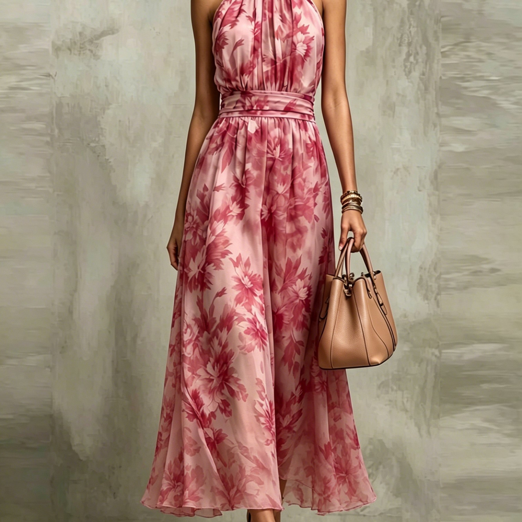 Floral Print Halter Neck Maxi Dress, Elegant Sleeveless Chiffon Flowy Dress For Wedding Guest & Evening Party