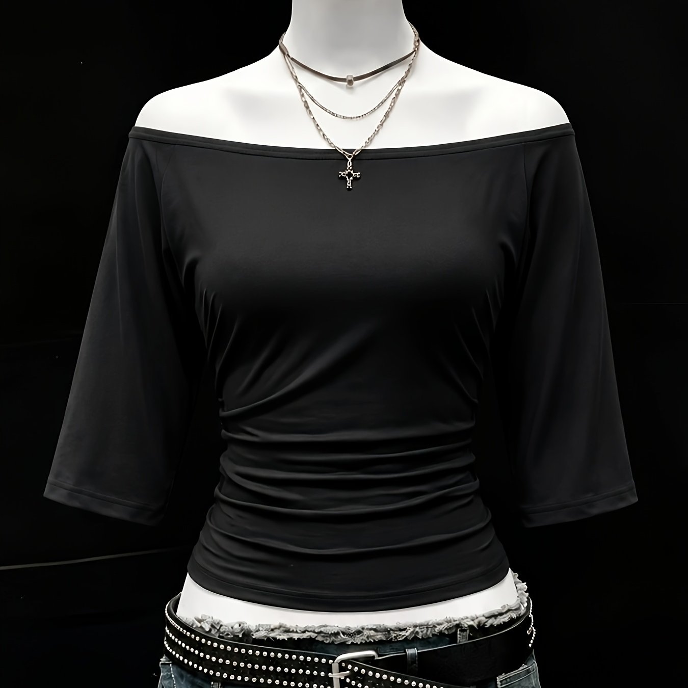 TEMU Retro Women's Off-shoulder T-shirt, Batwing Sleeves, Waist-cinching Design, Fashionable And Versatile