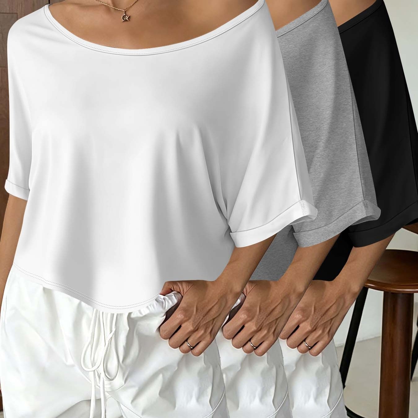 TEMU Summer Women's Off-shoulder T-shirt, Options, Off-shoulder Loose Short Top, 3pcs Set