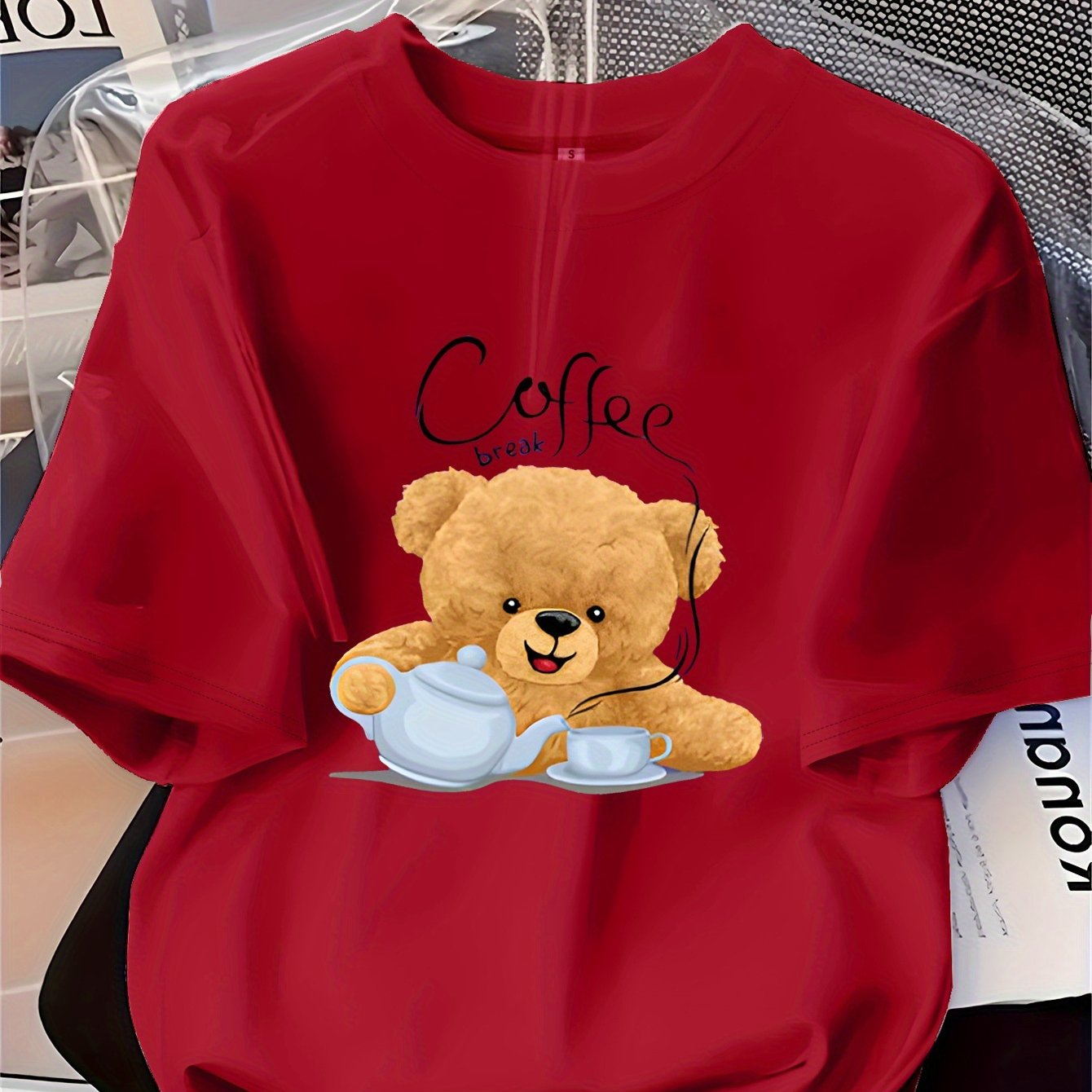 TEMU Women' Bear T-shirt - Cute Teddy Bear & Coffee With Coffee Beans & 'coffee' Lettering, Soft Breathable Round Neck Short Sleeve Top For Casual