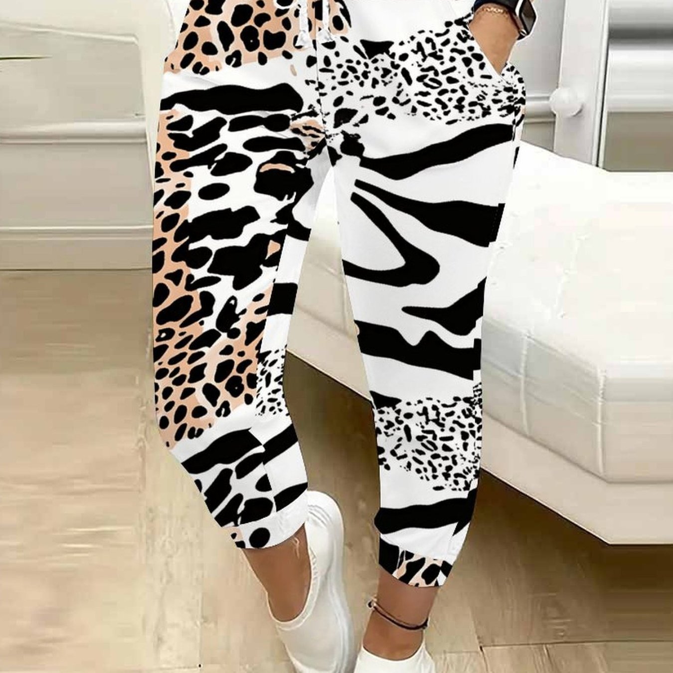TEMU Classic Women's Drawstring Trousers With Leopard Print, Suitable For Outdoor, And Everyday Casual Wear