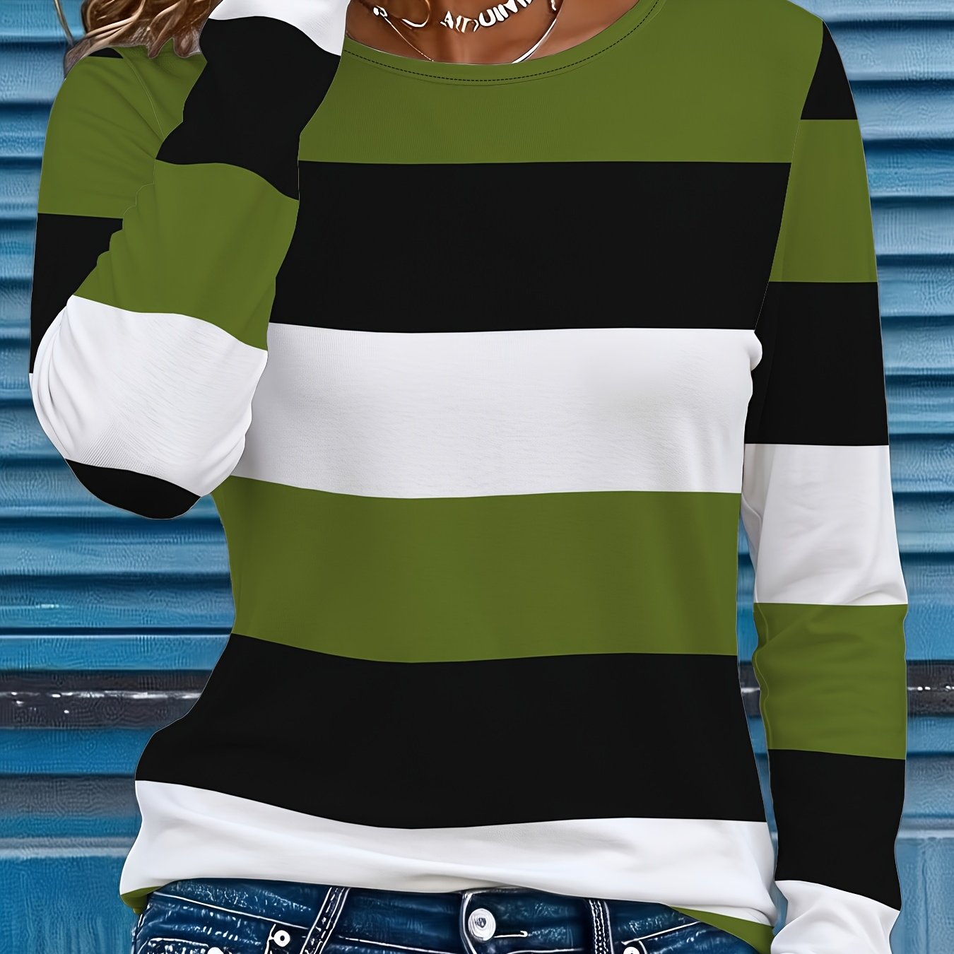 TEMU Women's Elegant Horizontal Stripe T-shirt - Soft Round Neck Long Sleeve Top With Print, Machine Washable Suitable For Casual, Office & Layering,