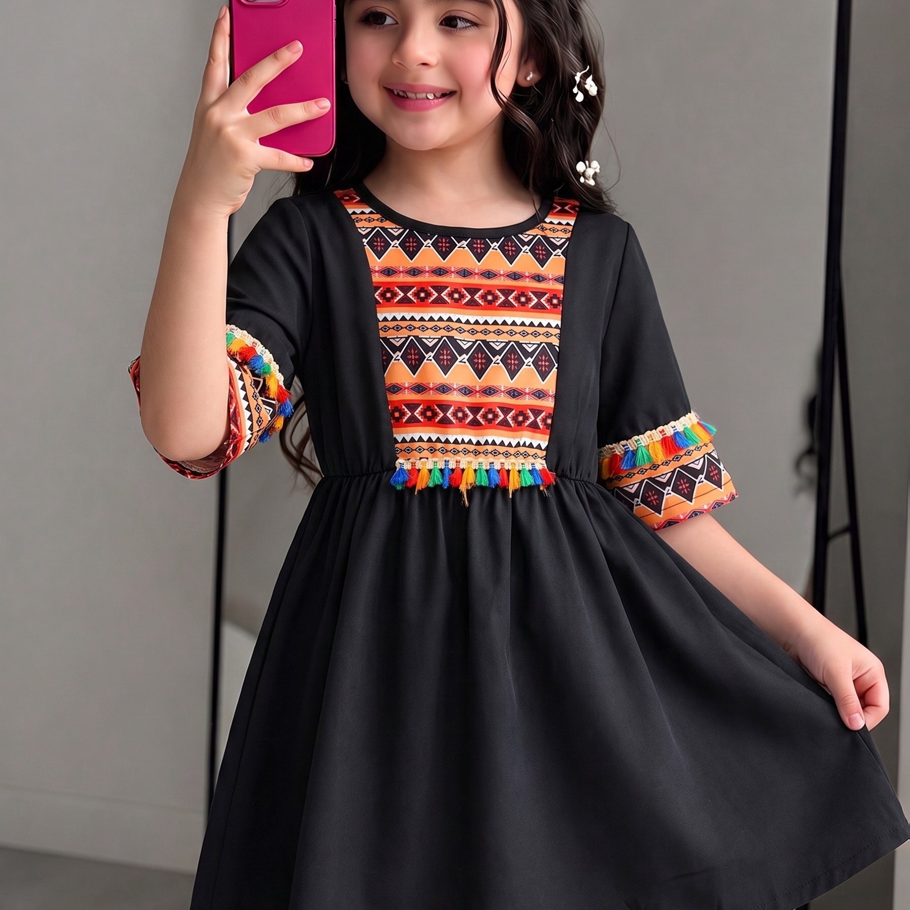 Image of Girls' Dress Spring Summer Autumn Knee-length Colorful Tassel Lace Round Neck Daily (basic All-match) Retro Outdoor Pullover Style