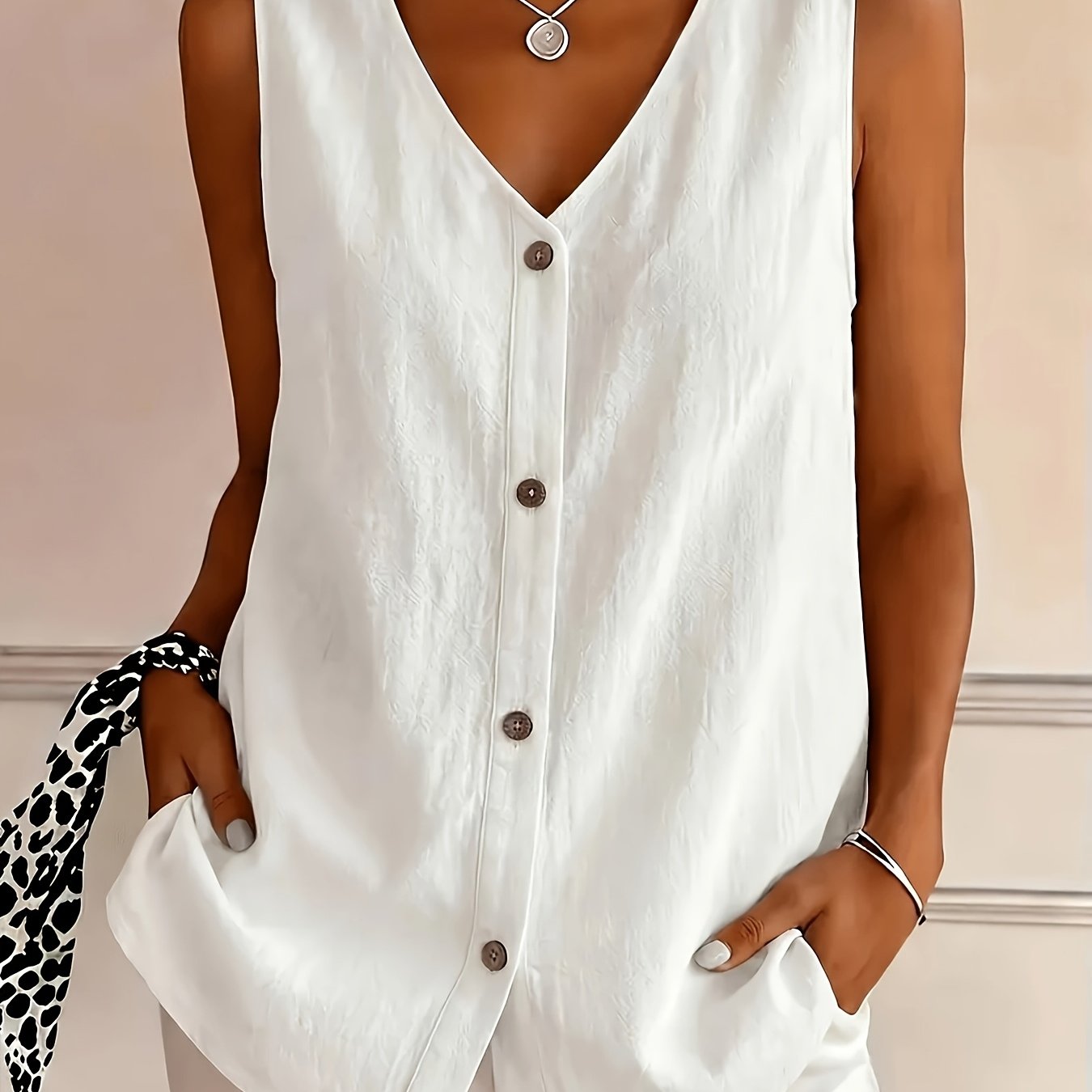 TEMU Women's Casual Solid Color Breathable Sleeveless Single Button V-neck Vest Casual All-match