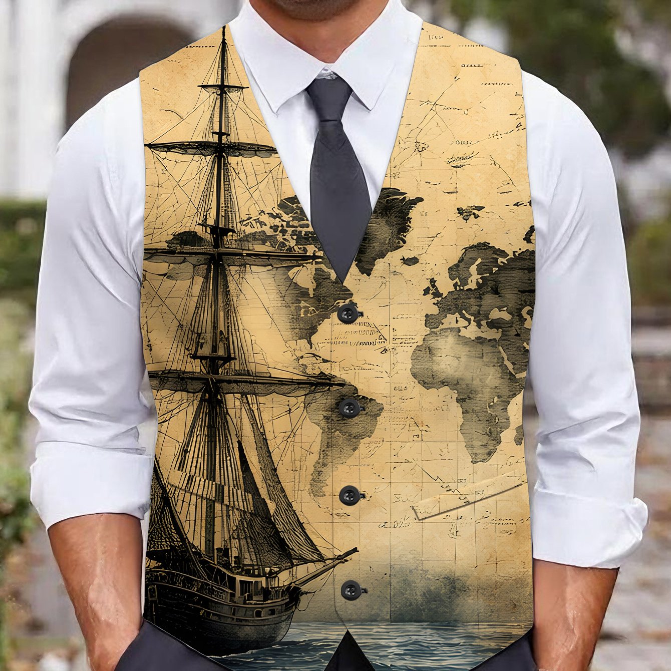 TEMU Plus Size Men's Vest, Single Piece, Nautical Style Printed Plus Size Suit Vest With World Map Elements, Vest For Plus Size Men, Image, Casual