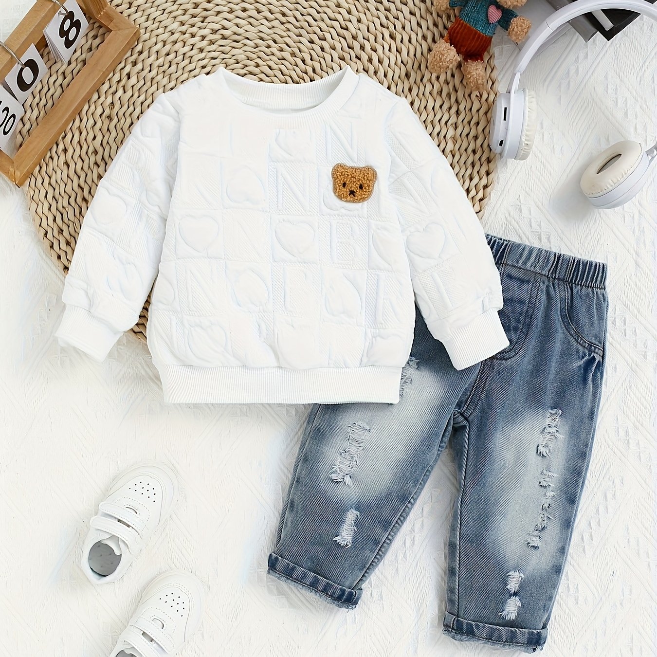 Image of 2pcs Children's Christmas Valentine's Autumn Bear Denim Overalls Set, For Outdoor